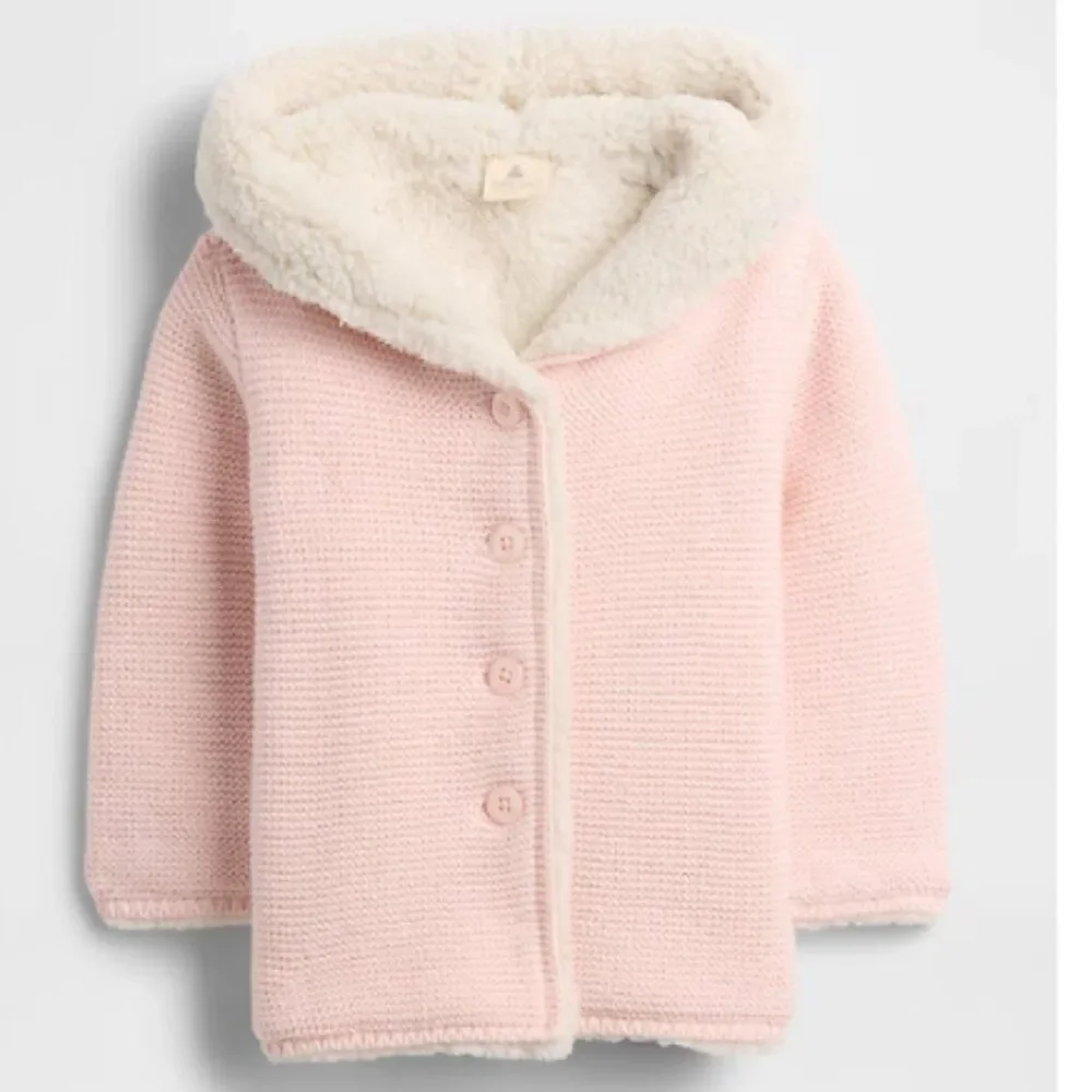 Gap Baby Sherpa Lined Hooded Sweater 100% Soft Cotton Knit Ear Appliques Tan